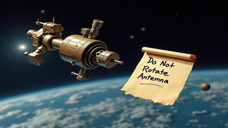 A 1970s-era spacecraft model drifting past a hand-scrawled 'Do Not Rotate Antenna' note floating in space.
