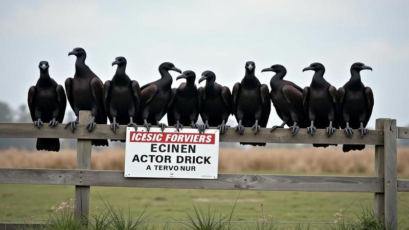 A line of solemn vultures on a fence, looking like CEOs awaiting a subpoena, with a 'Out to Lunch Forever' sign in rural Maryland.