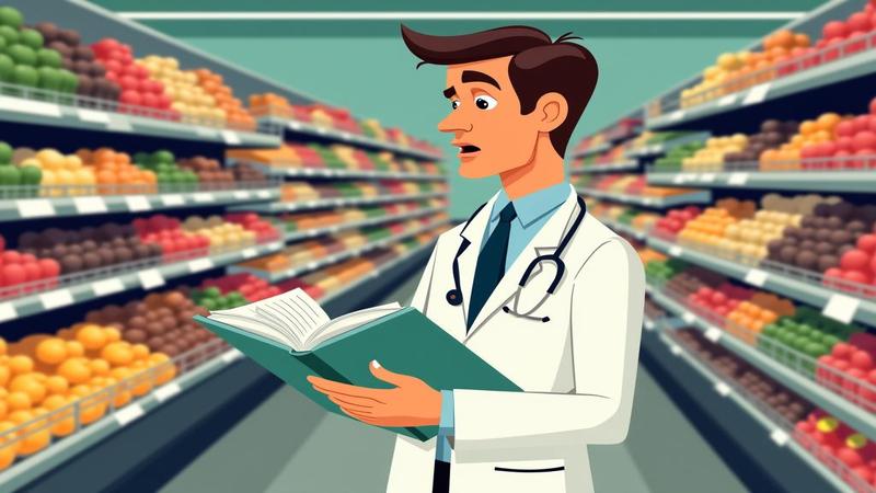 Pharmacist surveys a grocery aisle titled 'Drug-Food Interactions' with a concerned, hungry look.