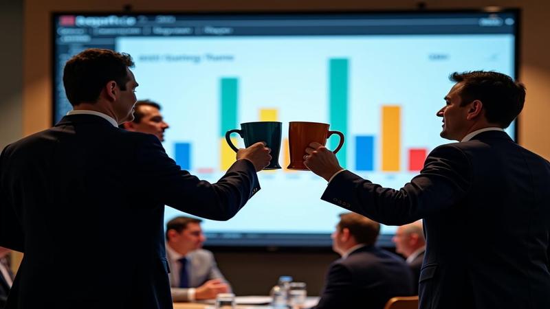 Executives toast a looming merger, oversized mugs in hand while a merger chart looms on screen.