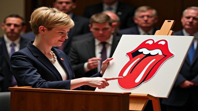 Kate McKinnon at a podium unveiling a tongue-shaped map on an easel, pointer in hand, audience of baffled reporters.