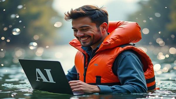 A broker in a life jacket hugging a laptop labeled AI, surrounded by bubbles called Valuation, Synergy, and Pivot, smiling bravely as everything sparkles like a doomed champagne tower.