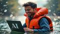 A broker in a life jacket hugging a laptop labeled AI, surrounded by bubbles called Valuation, Synergy, and Pivot, smiling bravely as everything sparkles like a doomed champagne tower.