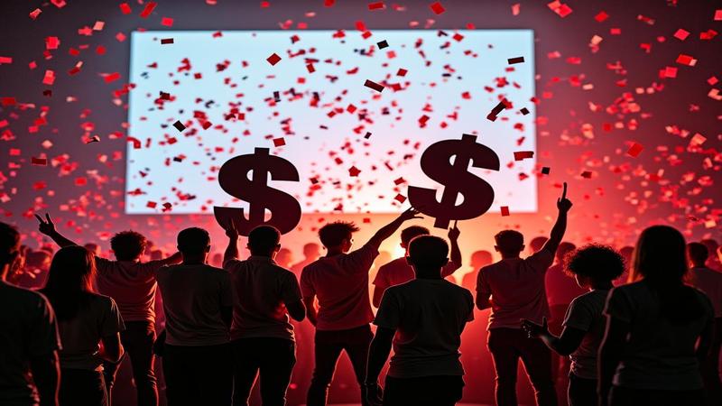 Crew members hold up oversized props of confetti and a giant dollar sign as a chart flickers behind them.