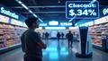 An anxious shopper stares at a rising PS5 price tag as a discount hologram flickers in the background.