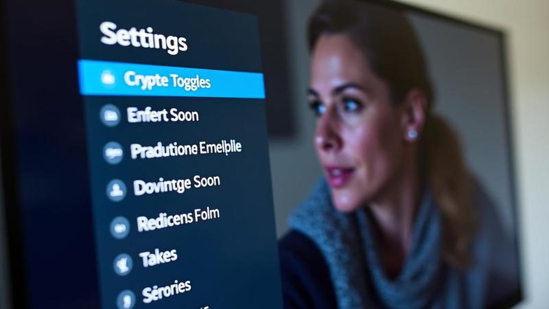 Close-up of a smart display settings menu showing cryptic toggles, tiny 'coming soon' labels, and a reflection of a confused homeowner.