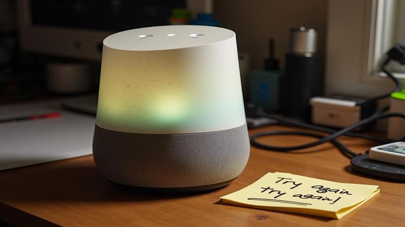 Dusty Google Home on cluttered counter, owner shouting, four dots glowing like a confession light, sticky note reads 'try again' next to unplugged power cable.