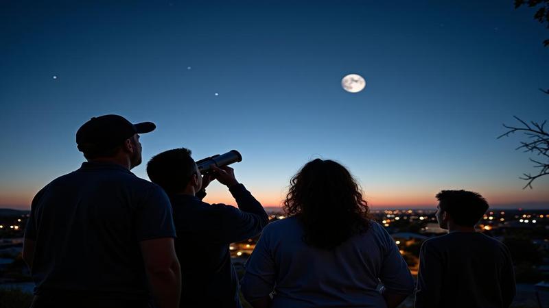 A family of stargazers squinting upward as a dim, unseeable silhouette hangs over a suburban skyline.
