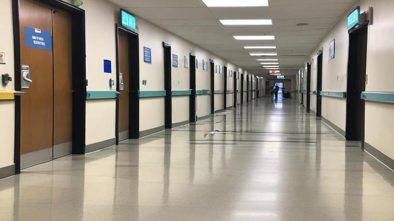 Hospital corridor with privacy sign, news vans reflected in floor wax, bouquet shaped like a ratings bar graph.