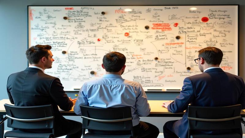 Analysts gather around a coffee-stained whiteboard as AI optimism wobbles like a weather vane during a market-wide downturn.