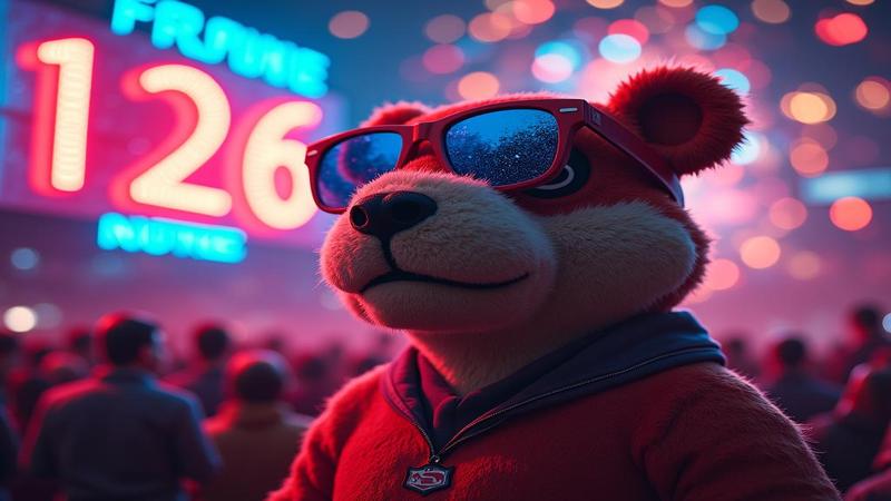 a mascot wearing sunglasses as neon numbers explode on a scoreboard.