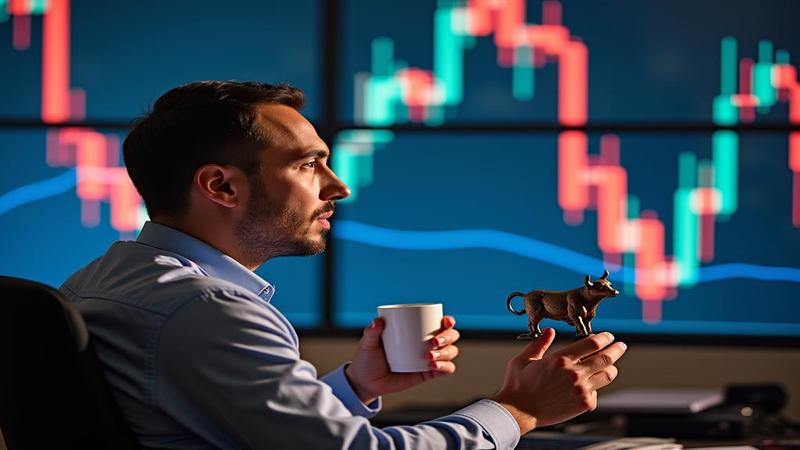 A trader watches a flickering Dow futures chart, clutches coffee and a tiny bull figurine, blinking loudly.