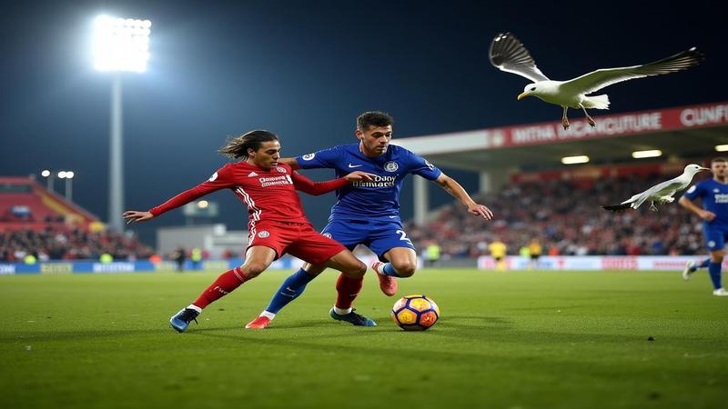 Destiny Udogie sliding into a tackle as Brighton players hover nearby, floodlights glaring, seagulls circling like judgmental referees in the night.