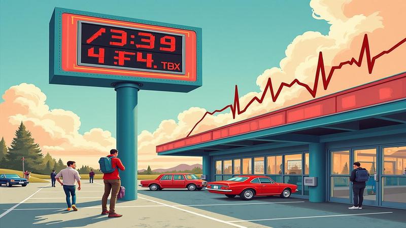 A stock ticker climbs as a hand-drawn heartbeat line critiques the hype from a lunch break.