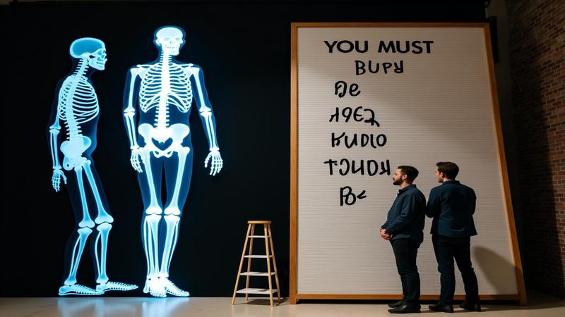 X-ray overlay of lengthened bones beside a carnival height board reading ‘You Must Be This Kind To Comment,’ as influencers pose with tiny ladders and bigger opinions.