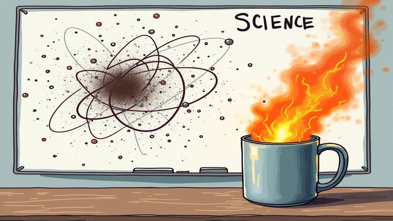 A whiteboard bristles with chaotic orbital doodles labeled ‘SCIENCE’ while a coffee mug quietly combusts.
