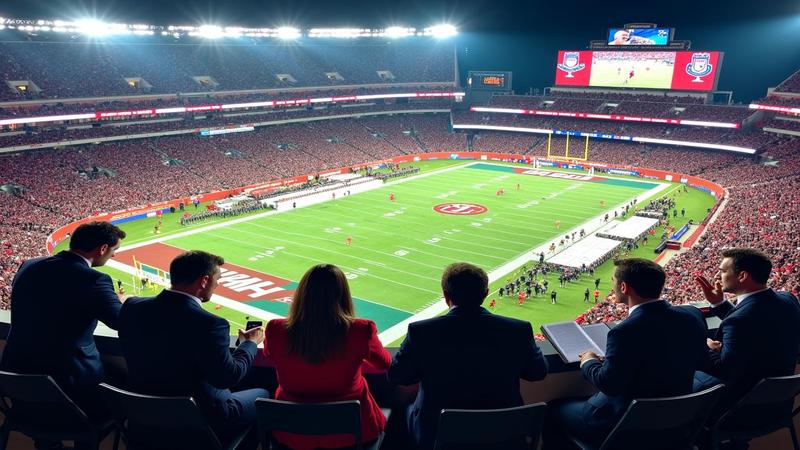 Panel of irate analysts gesturing at telestrators while fans clutch rulebooks, slow-motion replay of a quarterback sneak looping behind them.
