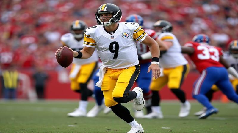 Russell Wilson in Steelers colors rolling out against the Giants, a polite smile mid-throw, defenders frozen as if waiting for a GPS recalculation.