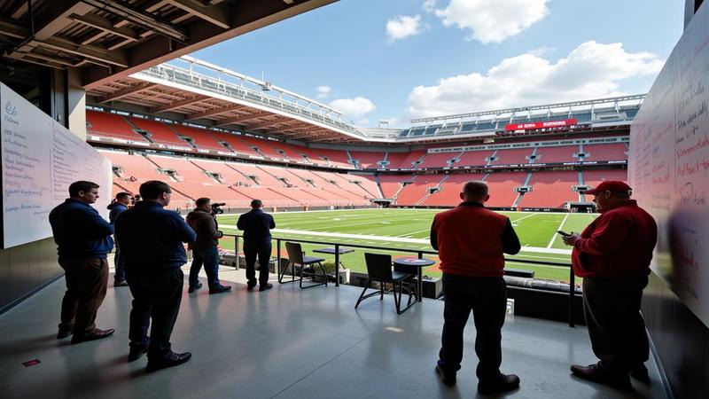 Browns practice facility under bright noon light, reporters jostling for angles while chalkboards overflow with yesterday's scribbles.
