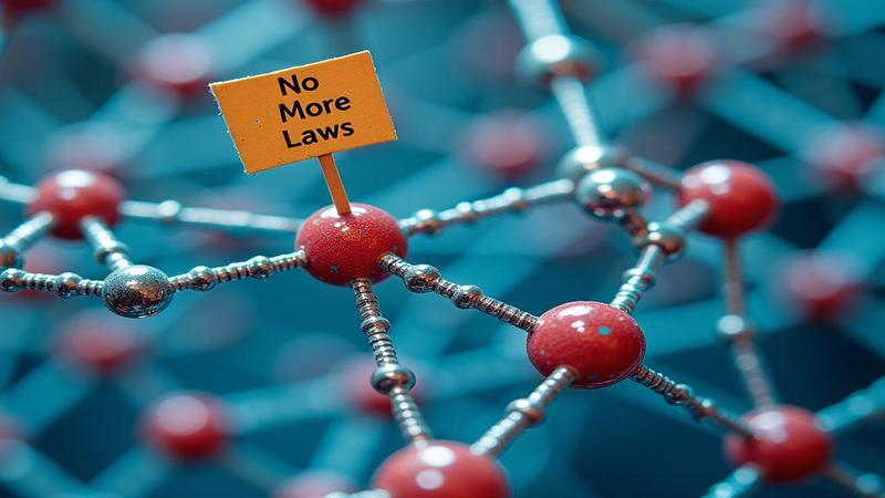 A graphene lattice under a microscope as tiny cartoon electrons hoist protest signs reading “No More Laws.”