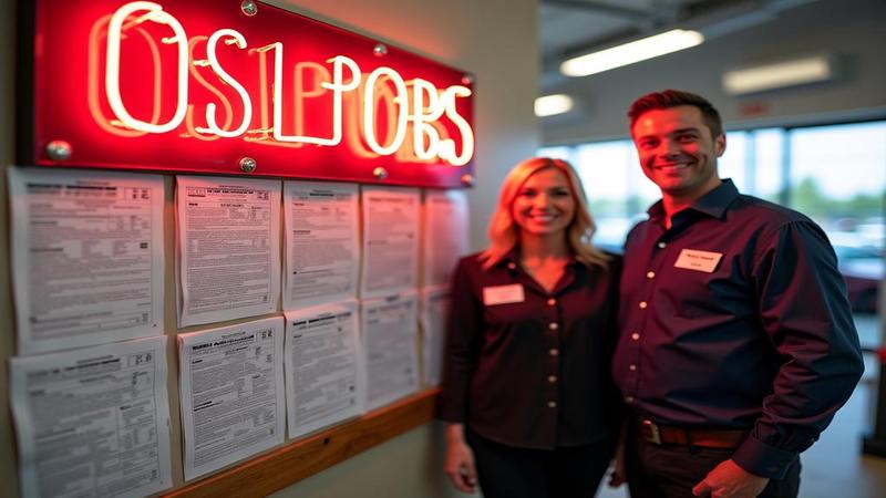 Dealership staff pose beside a wall of tax forms as a neon sign warns that credit availability vanishes at closing time.