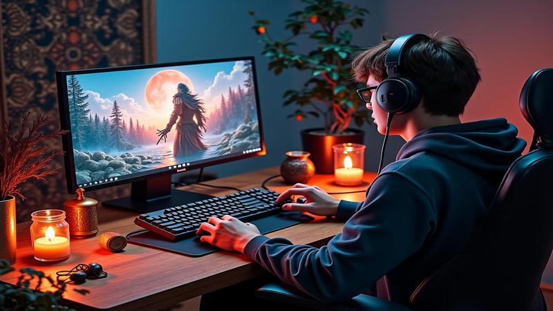 A gaming PC surrounded by talismans, burning sage, and a user clutching a power strip like a rosary.