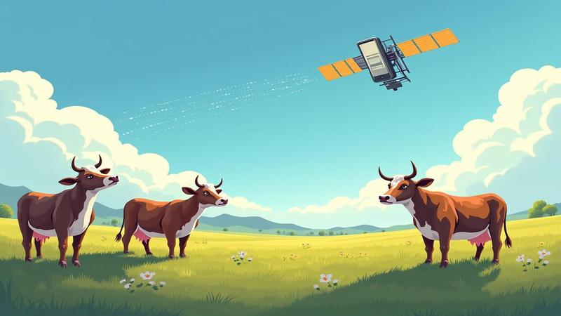 A smartphone raising signal bars while a satellite swoops overhead, cows in a pasture squinting at the sudden Wi‑Fi in the sky.