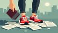A wallet wearing running shoes chased by receipts, while a chart climbs sheepishly in the background.