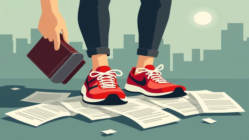 A wallet wearing running shoes chased by receipts, while a chart climbs sheepishly in the background.