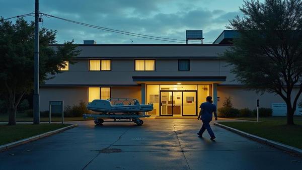 Padlocked clinic entrance at dusk, abandoned gurney parked like a stranded taxi, cardboard sign flapping in humid wind as a nurse turns away with an empty clipboard.