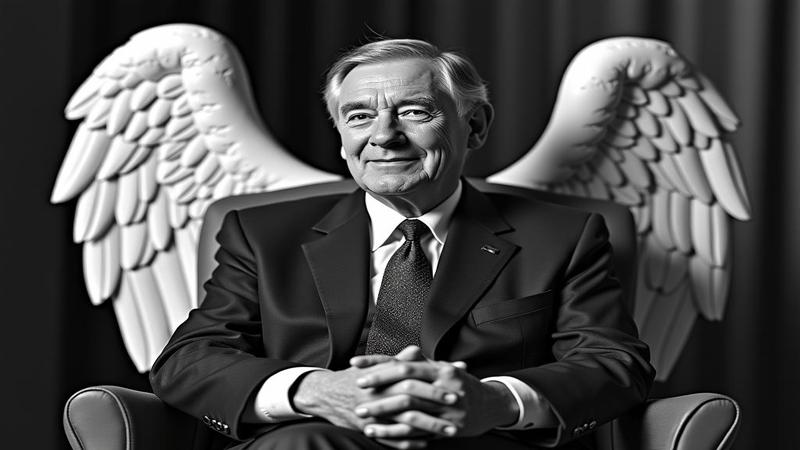 Portrait of Adler in a chair, wings behind him, counting the last beat of a storied career.