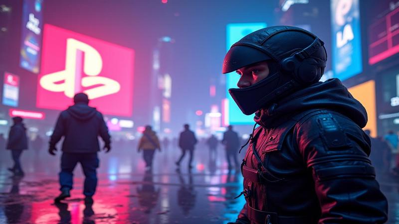 A neon-lit ninja silhouette surveys a gleaming PS5 as marketing glitter floods the screen.