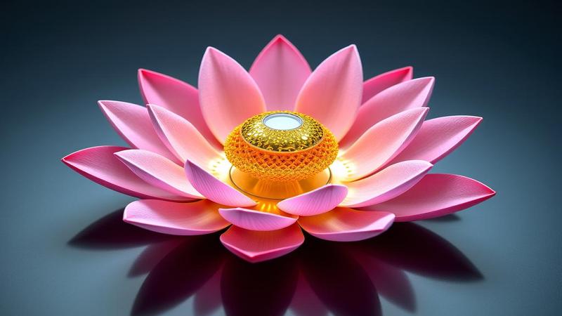 A second photo shows a lotus-inspired satellite opening its petals inside a testing chamber.