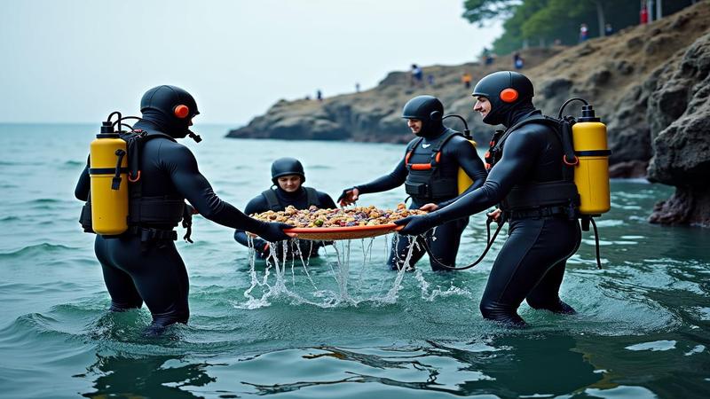 Divers in neon wetsuits hoist a sunken amphitheater fragment from choppy waters.