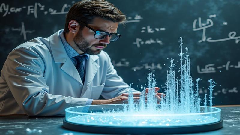 A baffled physicist with chalk-streaked lab coat watches equations crumble while a smug sheet of graphene reclines on a petri dish.