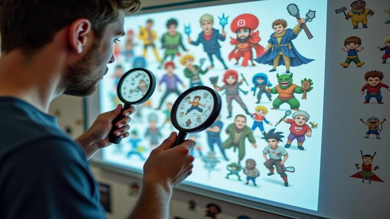 A shrine of fan art spreads across a whiteboard, while magnifying glasses examine a blurry screenshot.