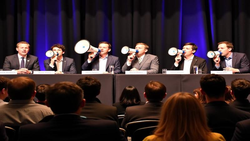 Back home, a panel show with five people yelling into megaphones labeled 