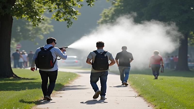 Public health workers spraying mist in a park while pedestrians pass, looking mildly offended by the intruding haze.