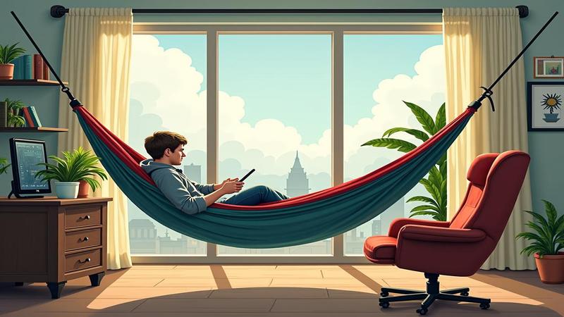 A hammock labeled 'Bond Market' gently sways in a quiet office, while a stock ticker scrolls, stubbornly awake and deeply confused.