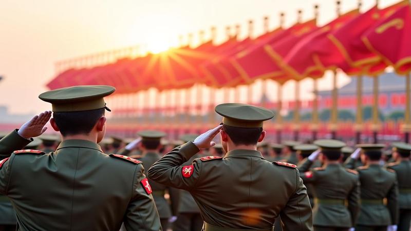A solemn Pyongyang procession as veterans salute before a radiant banner and a sea of fluttering flags.