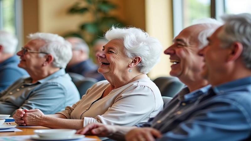 Group of seniors laughing at a lively community center, some wearing subtle hearing devices, all mid-conversation.