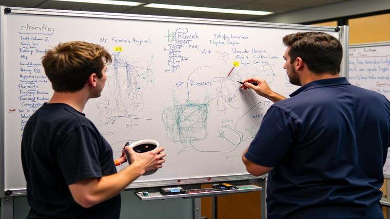NASA engineers plotting storm data on a whiteboard while volunteers compare coffee-stain charts.