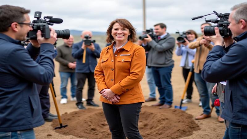 Lisa Cook stands at a ceremonial ground-breaking, surrounded by cameras and ceremonial shovels, smiling amid policy charts.