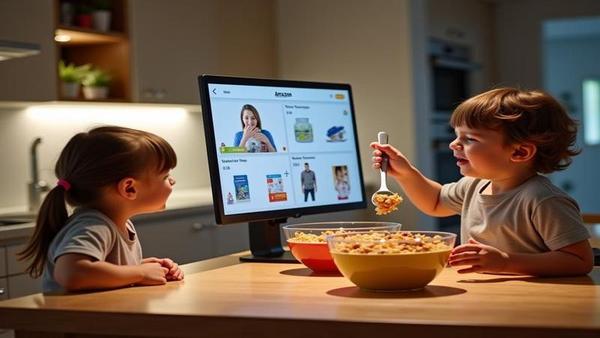 A kitchen counter with an Amazon smart display flashing sales banners while a family grimaces, cereal bowls mid-spoon.