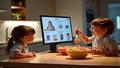 A kitchen counter with an Amazon smart display flashing sales banners while a family grimaces, cereal bowls mid-spoon.