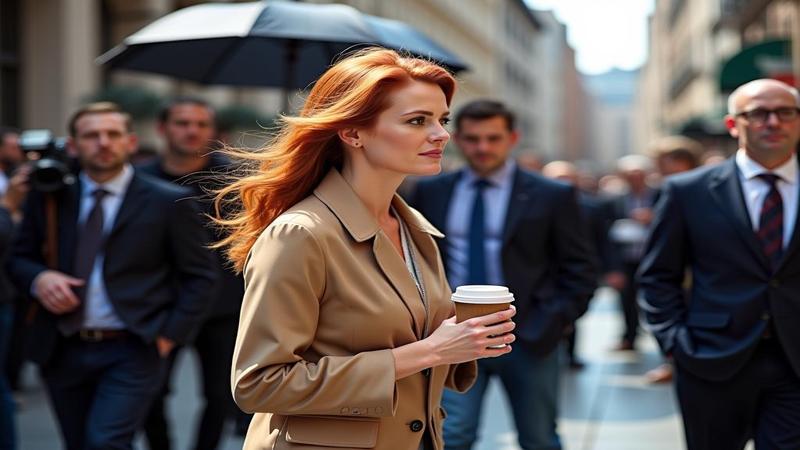 Close-up of Kidman’s stride, coffee in hand, paparazzi reflections in lenses, a security umbrella rehearsing for a heroic backstory.