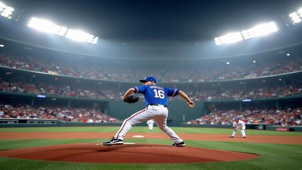 Blake Snell under October lights, mid-delivery, with a ghostly silhouette of Sandy Koufax layered behind; fans in vintage caps freeze like statues praying for a called strike.