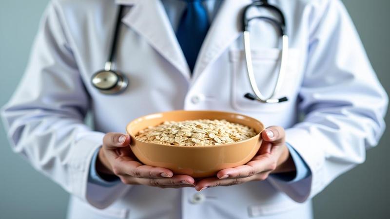 A cardiologist holds a bowl of oats while adjusting a stethoscope, promising the snackable salvation.