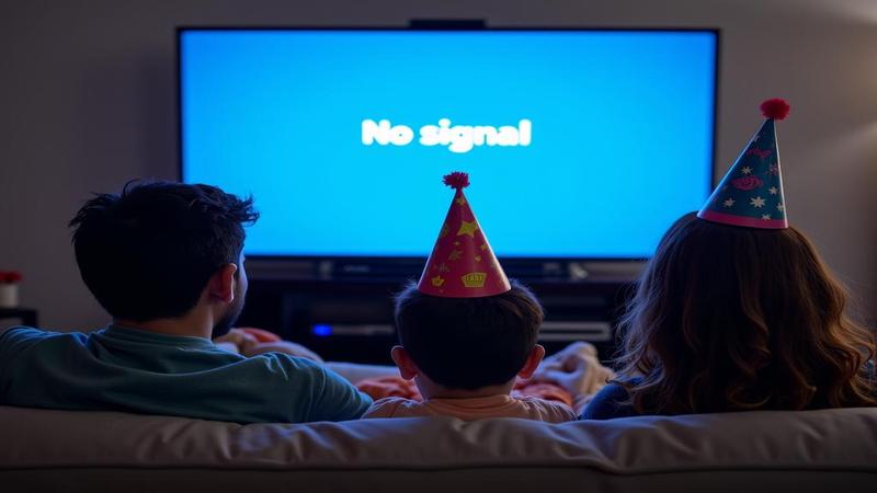 snacks, tangled HDMI cables, and a family staring at a blue ‘No Signal’ screen wearing negotiation-themed party hats.