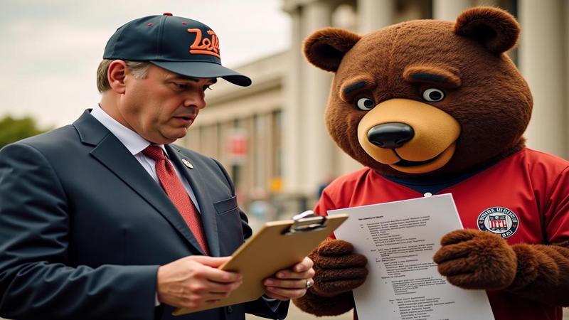 Ben Johnson brandishing a clipboard like a legal subpoena while a bewildered Bear mascot squints at the fine print.